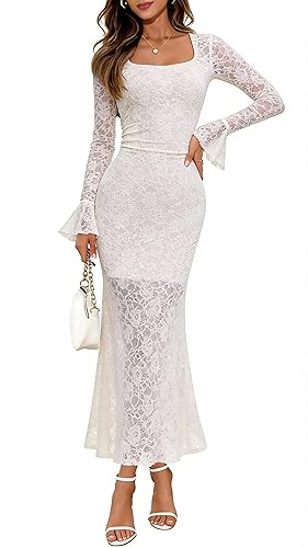 Elegant Women's 2025 Bell Long Sleeve Lace Maxi Dress Sexy