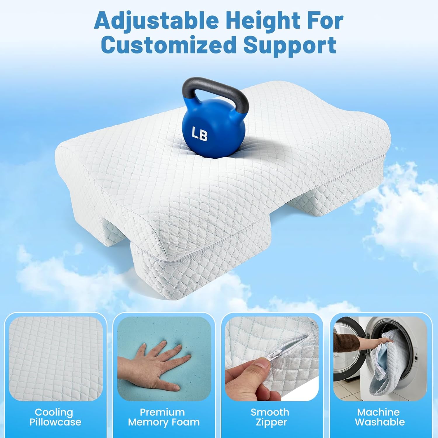 Side Sleeper Pillow with Arm Hole, Cooling Cervical Pillow, Double-Sided 2 Heights (7in & 5.5in) Memory Foam Pillow for Neck & Shoulder Pain Relief