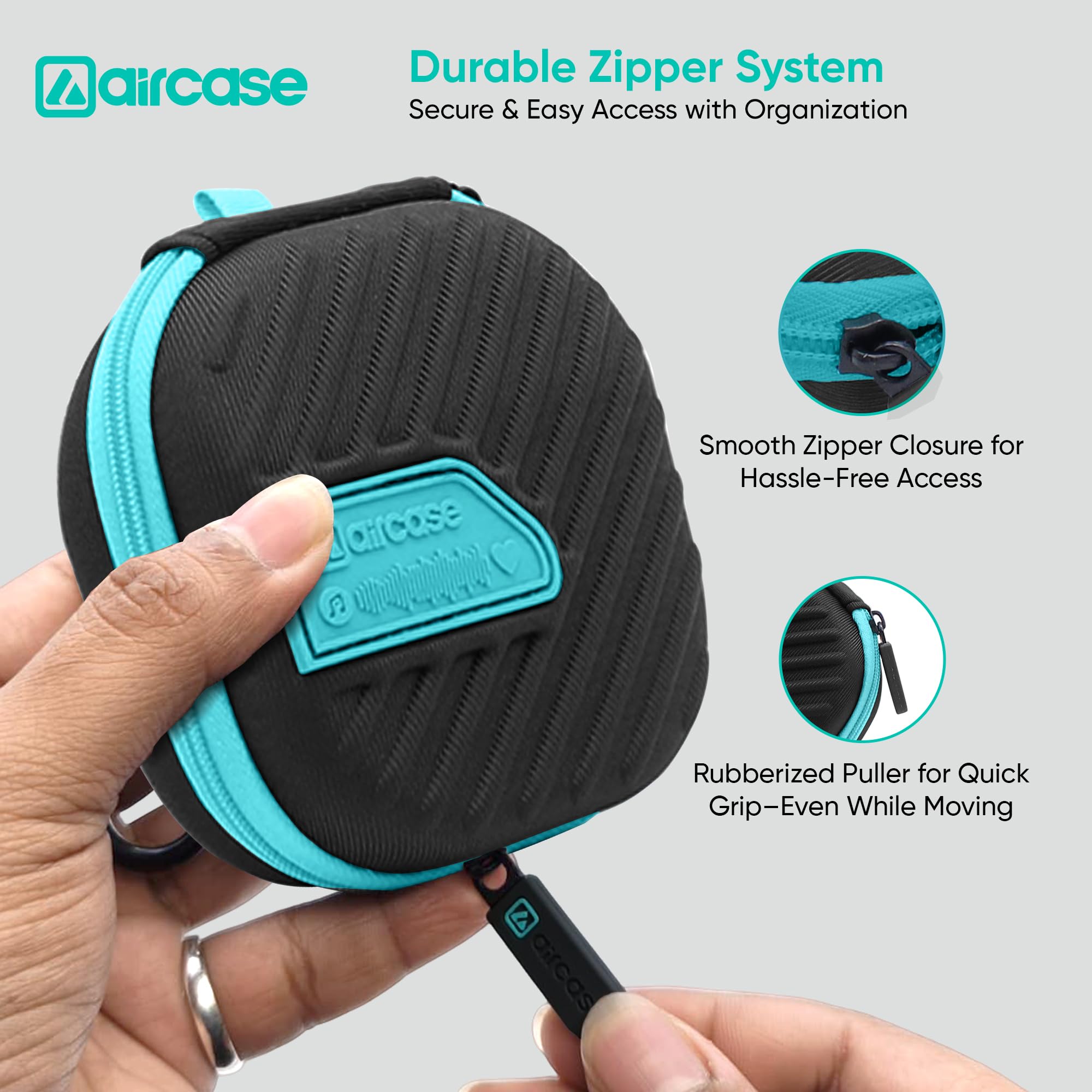 AirCase Earphone Carrying Case Cover with Shockproof EVA Hardshell & Soft Lining| Travel Organizer Pouch with Carabiner, Mesh Pocket, Zipper Closure for Earbuds, USB Drives, SD Cards, Cables (Black) 4