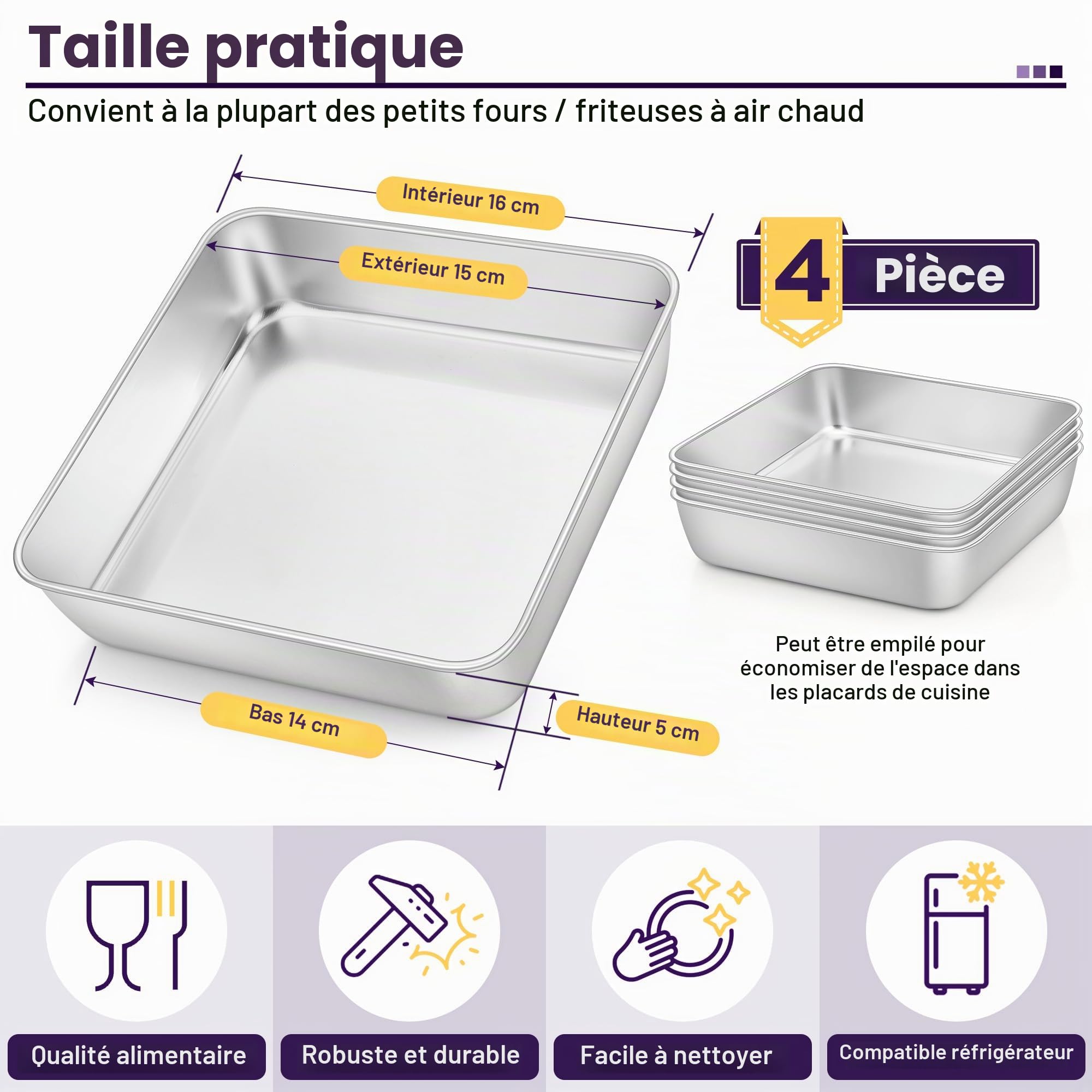 HaWare Lot de 4 plats à gratin carrés, en acier inoxydable, petits, carrés, idéaux pour lasagnes, brownies, gâteaux, sains et passent au lave-vaisselle, 15 x 15 x 5 cm