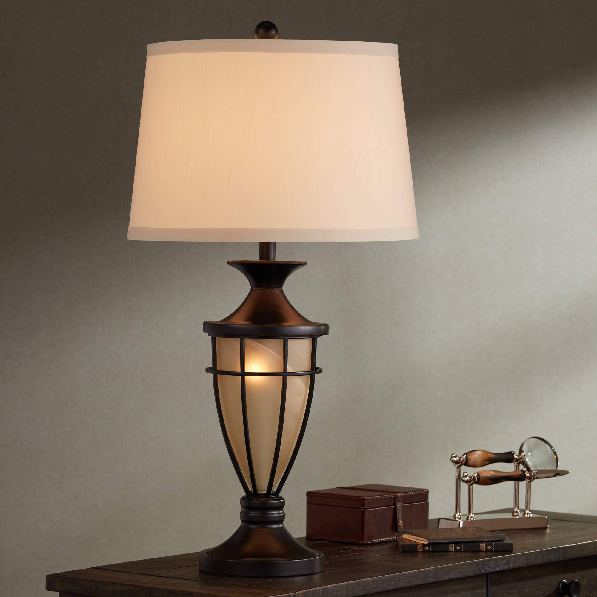 Cage 33" Large Table Lamps Set of 2 Night Light Bronze Brown Urn | Brushed Mission Lantern Nightlight Iron Living Room Bedroom House Bedside Nightstand Home Office Entryway Beige Shade