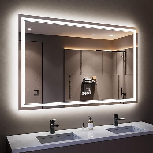 Espejo de baño LED de 55 x 36 pulgadas con luces, retroiluminado y frontal iluminado para pared, espejo de tocador LED antiempañamiento regulable