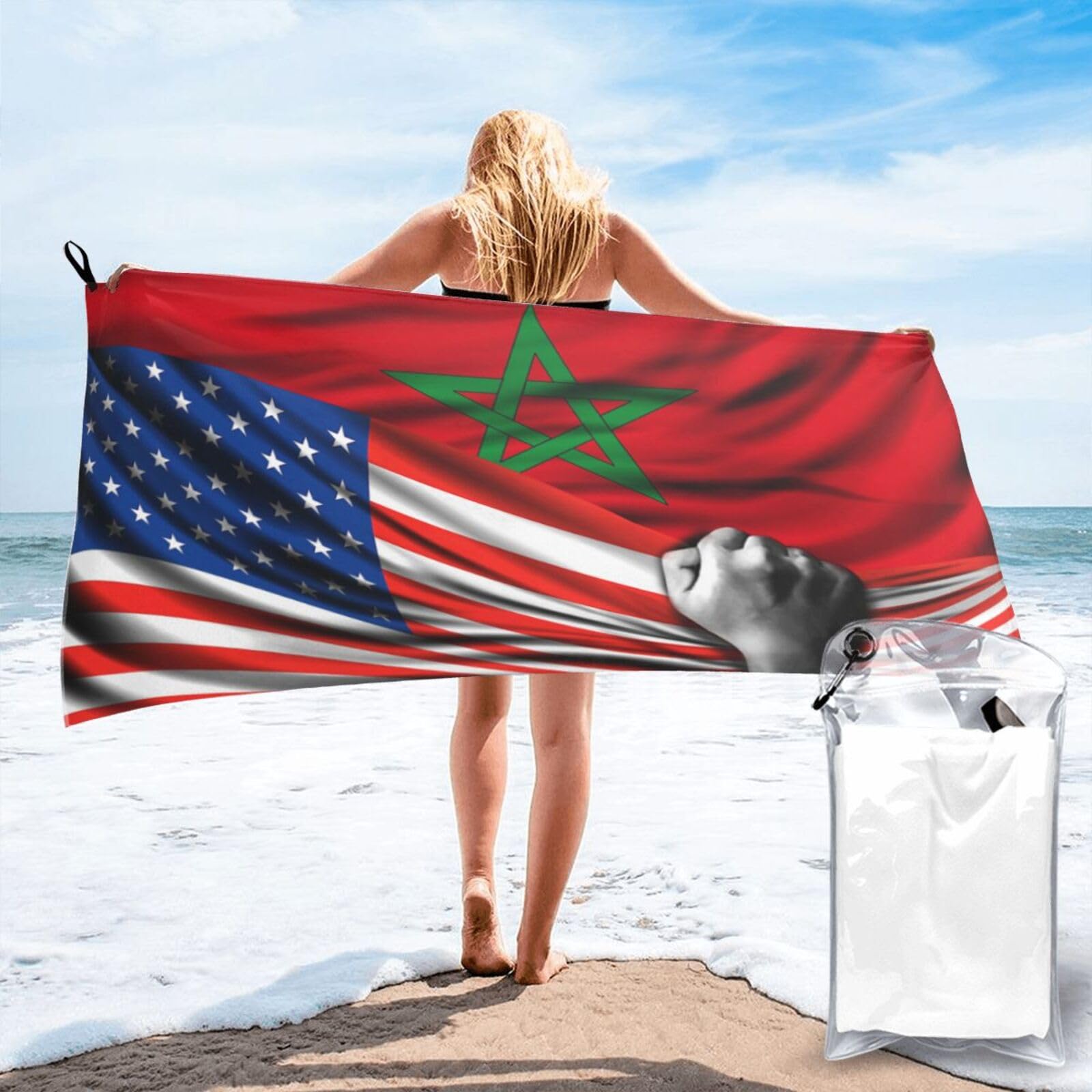 HACXZ Beach Towel America Flag and Morocco Flag Microfiber Beach Towel Lightweight Absorbent 31.5"X63"