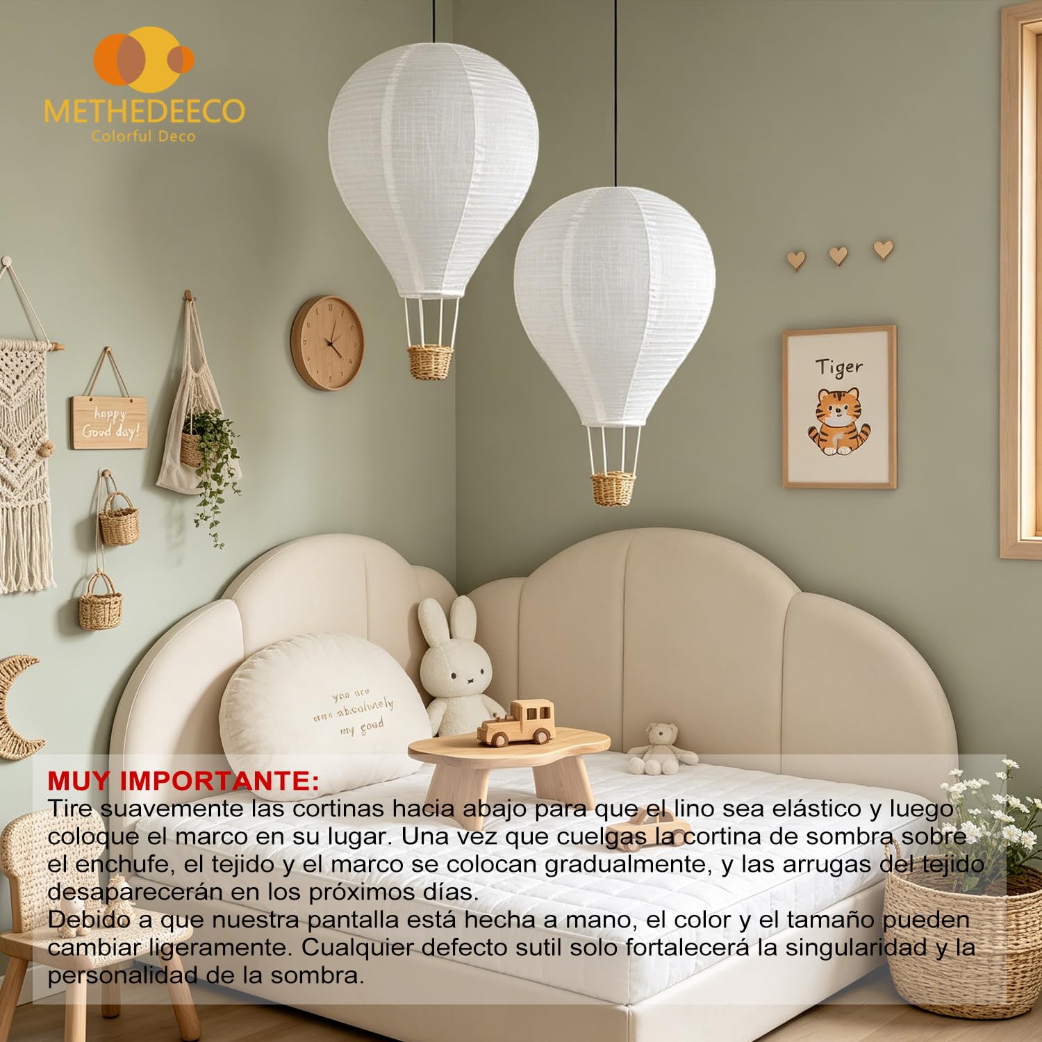 METHEDEECO Pantallas de Lámpara Colgantes Infantiles Globo Aerostático, Juego de 2, 34 x 55 cm, Pantalla de Techo para Habitación Infantil, Tela Efecto Lino, Solo Pantalla, Sin Bombilla ni Cable