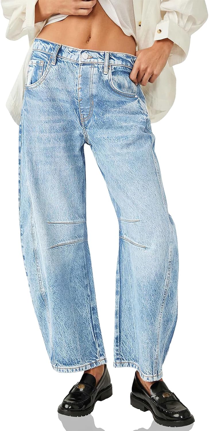 ebossy Womens Low Rise Baggy Jeans Wide Leg Cropped Y2K Barrel Palazzo Trousers Cute Boyfriend Denim Slacks