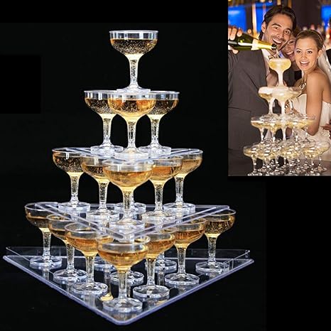 Amazon 3層のシャンパンタワーディスプレイ 三角形のタワースタンド 透明なアクリルゴブレットワインタワー 結婚式パーティーの誕生日のためのクリエイティブなレイアウト 22カップ入り ワイングラス オンライン通販