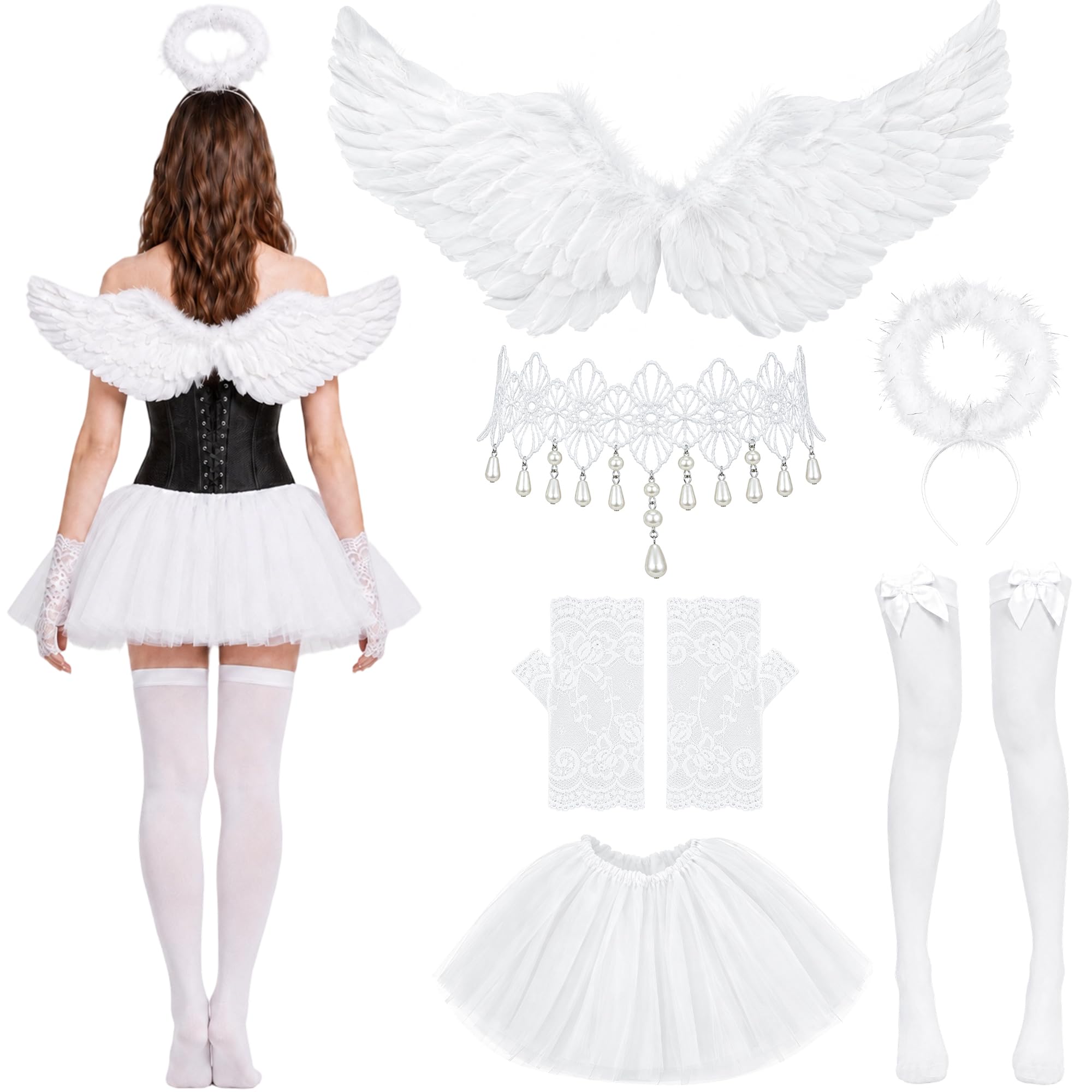 CozDazz Angel Costume Set for Women, 6PCS Angel Wings with Halo Headband