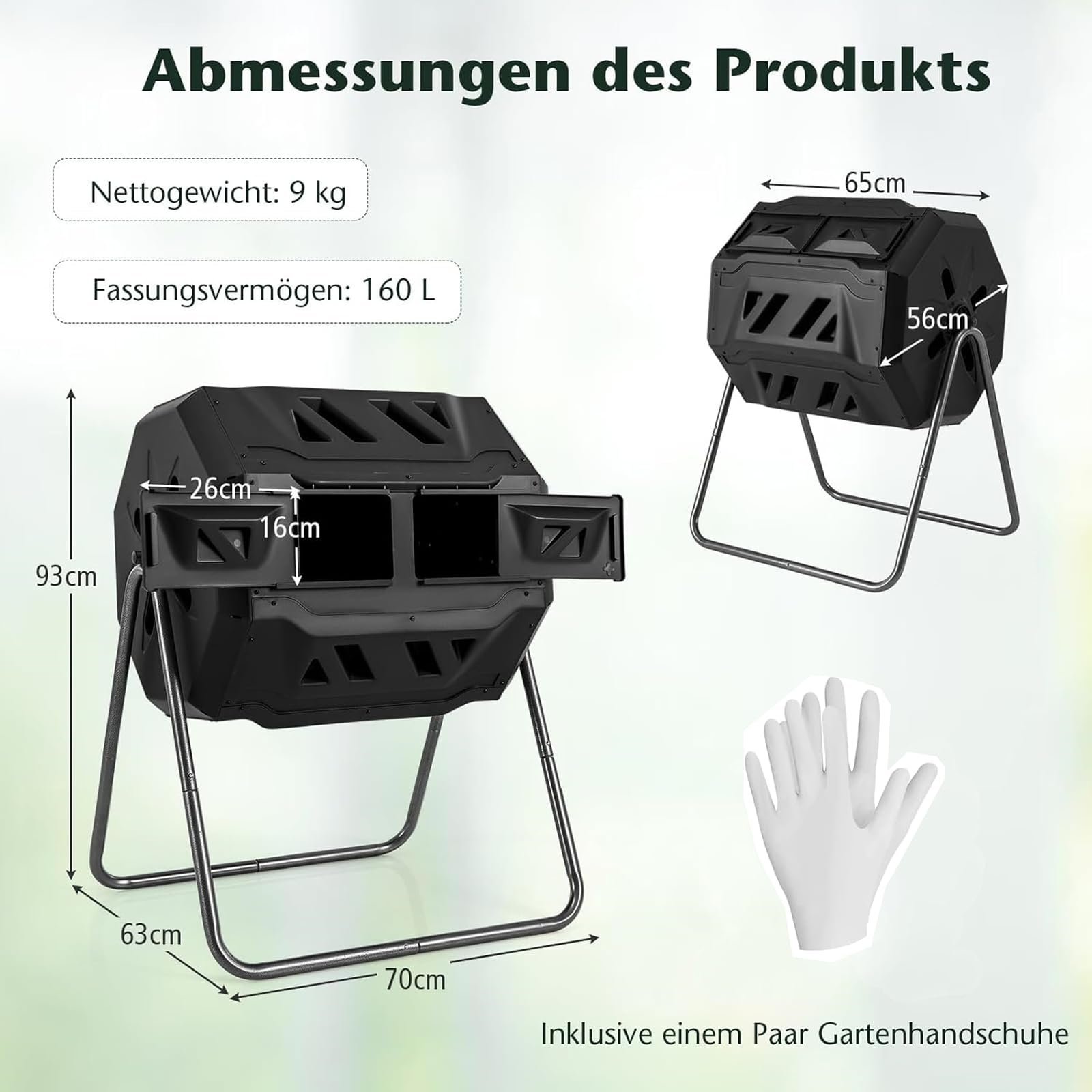 COSTWAY 160L Trommel-Komposter, Gartenkomposter Doppelkammer, 360° drehbar, Kompostschleuder mit 2 Schiebetüren & Handschuhe, Schnellkomposter aus PP & Metall, für Garten Balkon, 70x63x93cm (Schwarz)