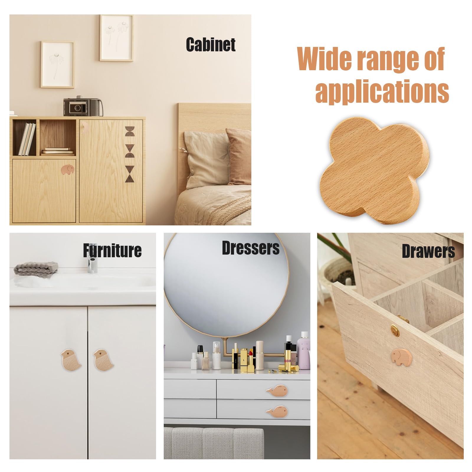 Perillas decorativas de madera con diseño de animales, pomos decorativos de madera para cajón, con tornillos M4 x 30 mm para armarios, cajones y muebles (20 unidades)