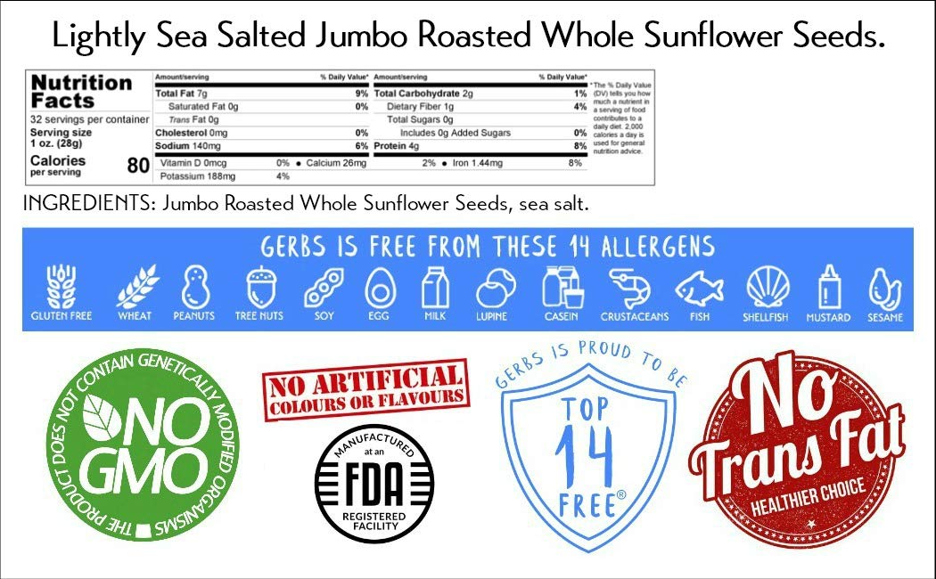 Jumbo Lightly Sea Salted Sunflower Seeds by Gerbs - 2 LBS. - Top 14 Food Allergen Free & Non GMO - Vegan, Keto Safe, Kosher - Grown in USA