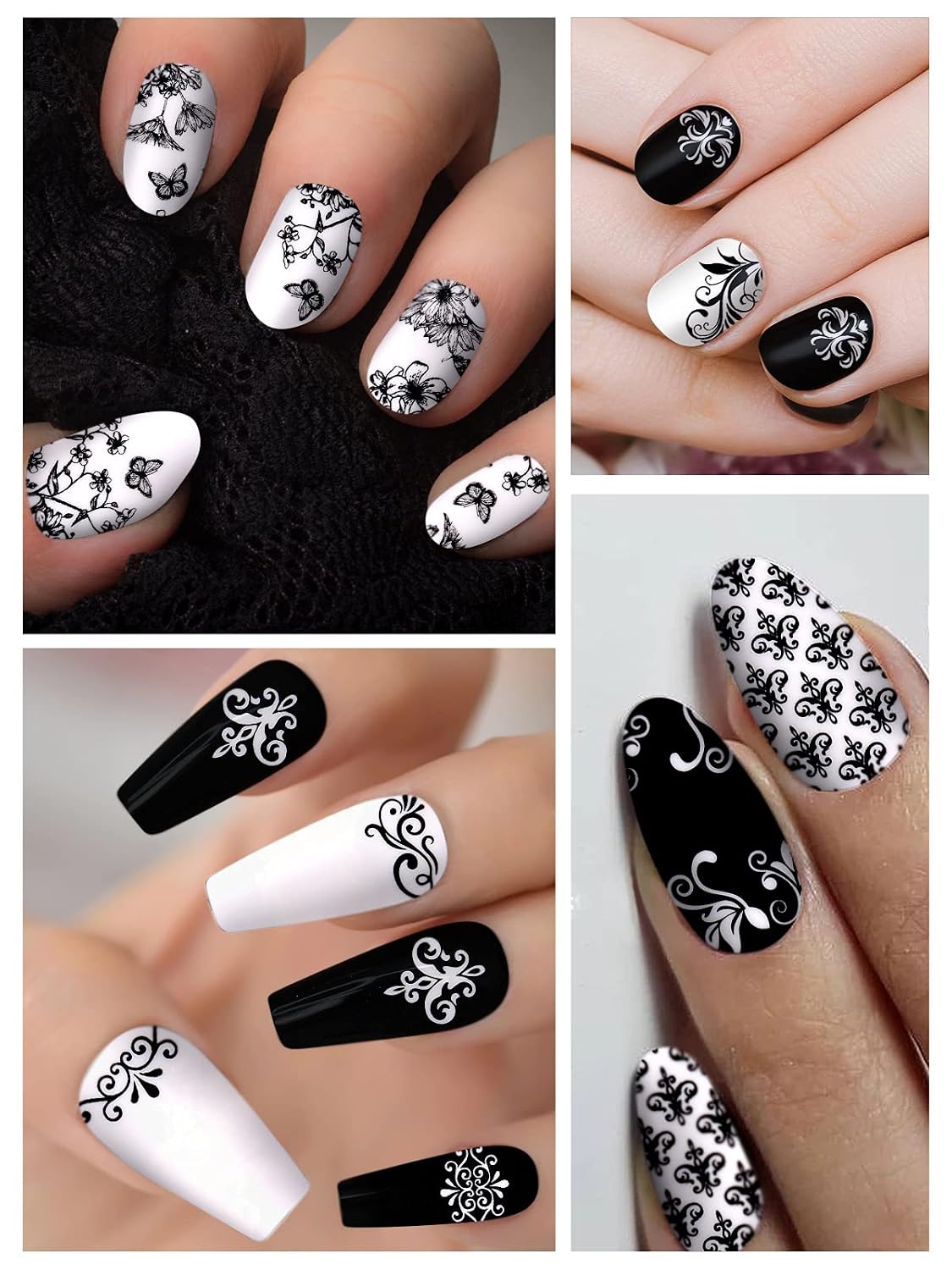 EBANKU 12 Sheets Black White Nail Polish Strips Wraps, Full Wrap Adhesive Nail Polish Stickers with 1 Nail File, Leaves Flower Vine Pattern Nail Wrap Stickers for Women Nail Art Decorations
