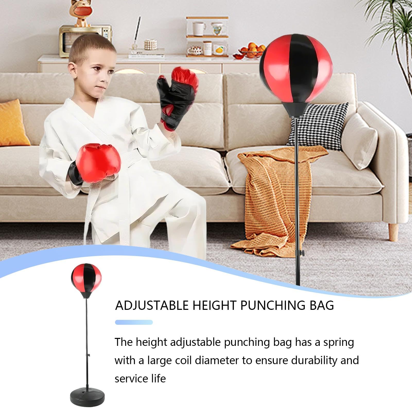 Sacco da boxe sicuro con guanti, set di sacco da boxe durevole, regolabile | Sacco da boxe con supporto per praticare boxe, allenamento fitness e sollievo dallo stress in casa o all'aperto