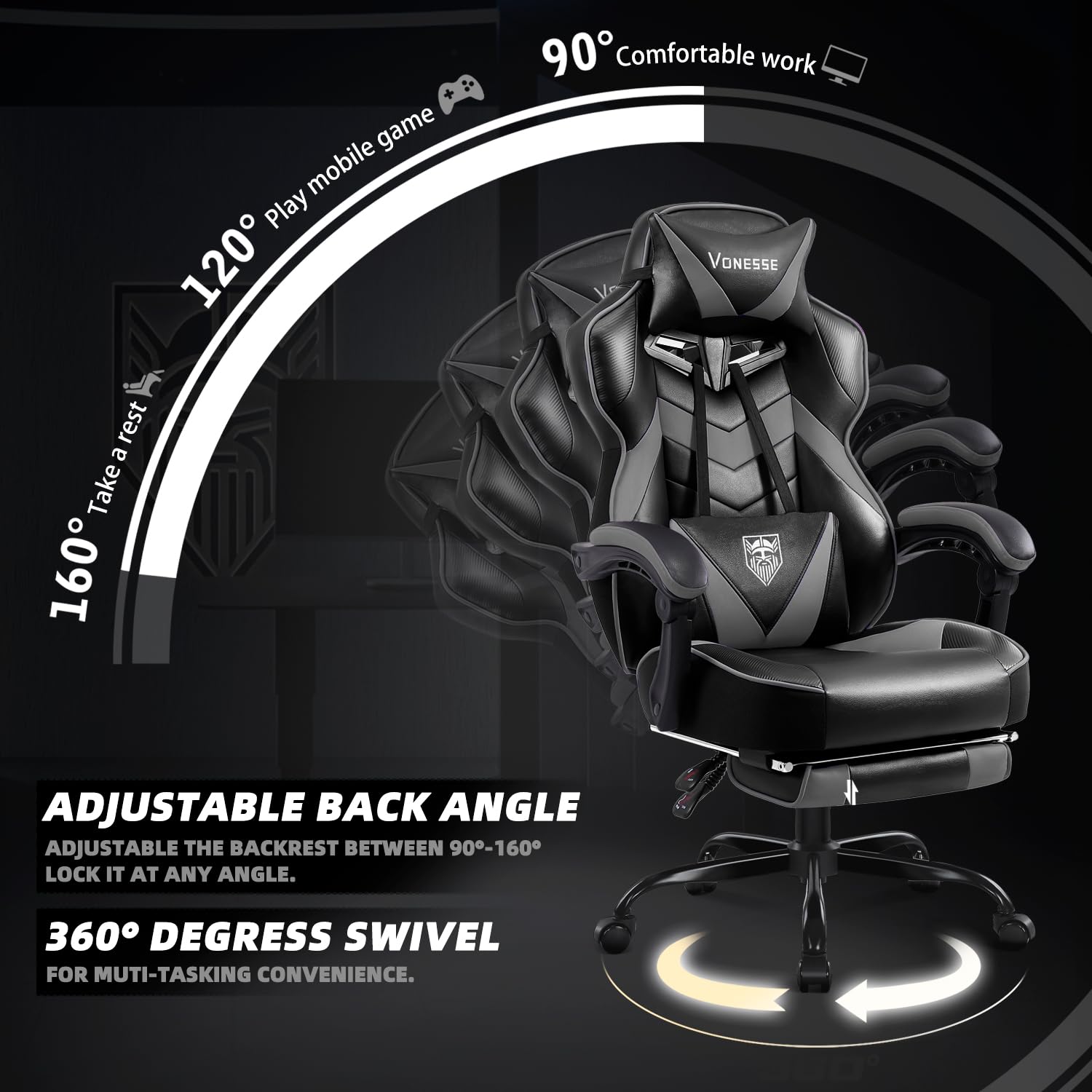 Vonesse Gaming Chair, High Back Gaming Chair with Footrest and Massage, Gaming Chairs for Adults with Pocket Spring Cushion, Big and Tall Reclining Computer Chair with Lumbar Support (): Grey/Black