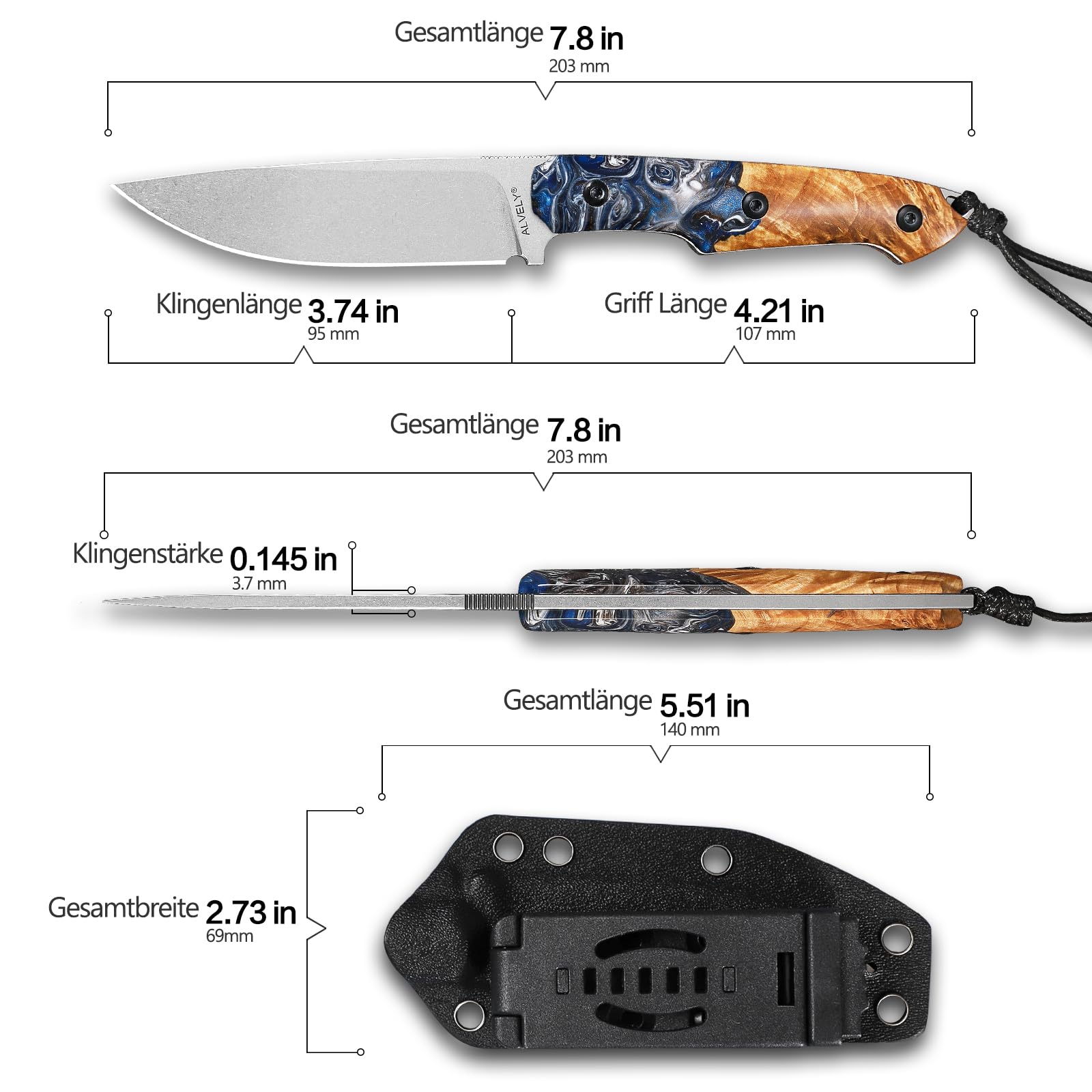 Handgefertigtes DC53-Stahlmesser mit feststehender Klinge, Outdoor-Taschenmesser für Herren, inklusive Scheide, Griff aus Kunstharz und Ahornholz, ideal für Camping und Bergsteigen.
