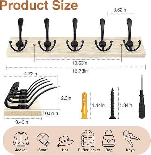 Miniatura 6 de Perchero de madera resistente para pared, paquete de 2 perchas de pared con 5 ganchos triples para ropa, chaqueta, sombrero, llaves, organizador de