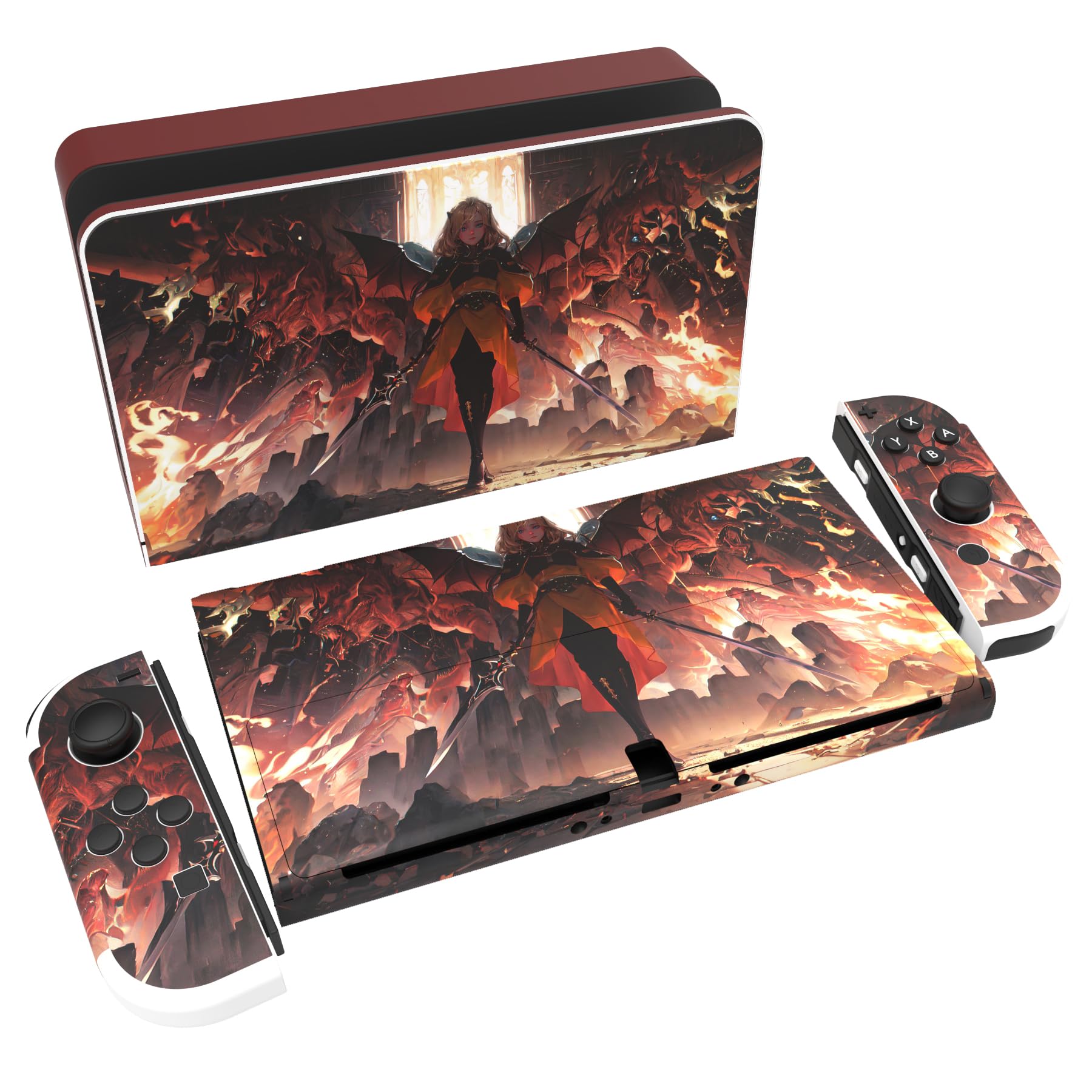 playvital Full Set Protective Stickers for Nintendo Switch OLED Model, Customized Vinyl Decal Skins for Switch OLED Console & Joycon & Dock & Grip - Abyss Knight — view 16