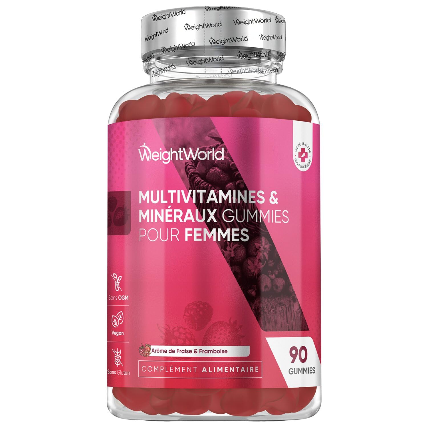 Multivitamines Femme Gummies Vegan, 13 Vitamines et Minéraux Vitamine C D E A B Zinc Iode Acide Hyaluronique Omega 6, 9, 90 Gummies de Multivitamines et Minéraux Goût Fraise & Framboise