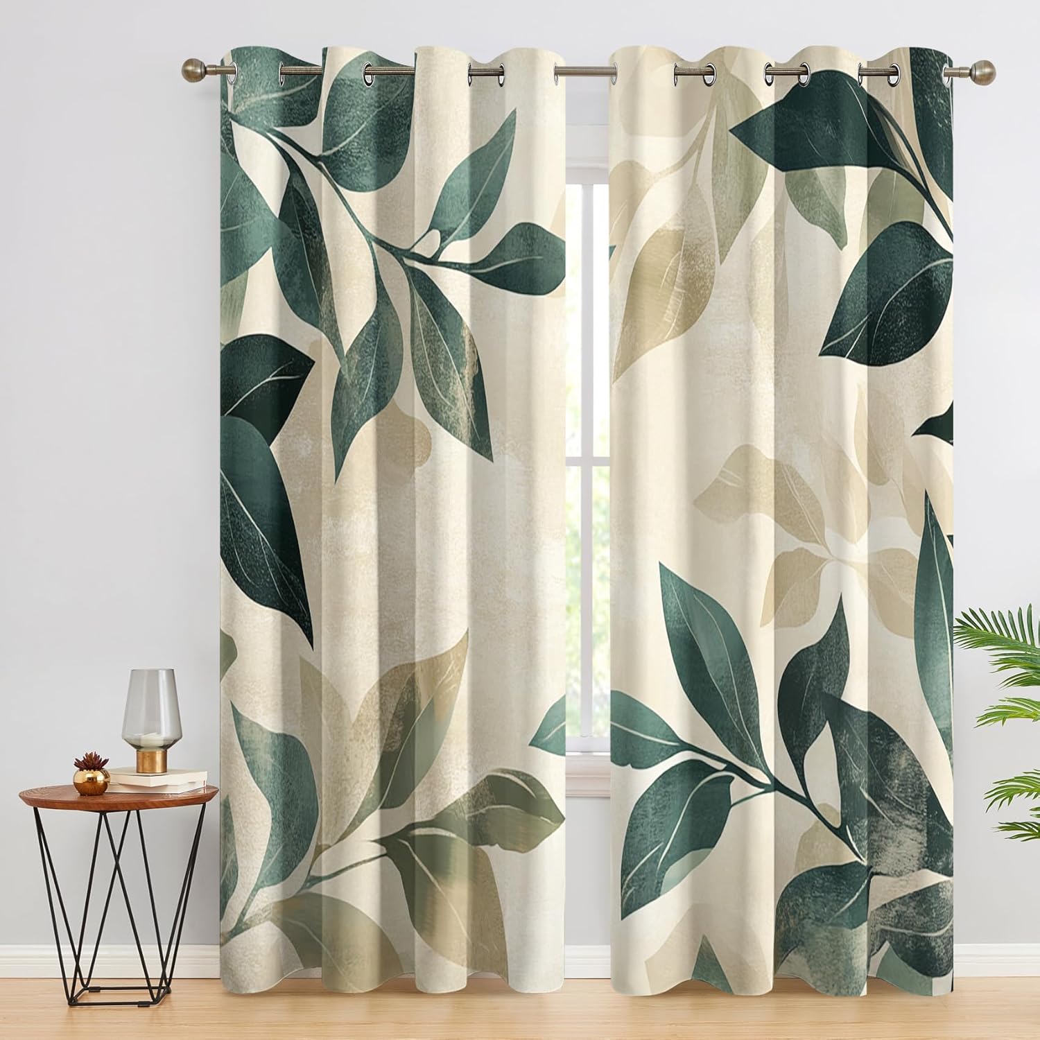 Green Leaf Curtains for Bedroom, Green Leaf Drapes 63 Inch Length 2 Panels Set, Distressed Botanical Blackout Curtains for Living Room Home Decor, Patterned Grommet Drapes ABC104
