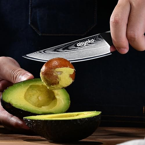 Vista 8 de Cuchillo de chef de Damasco de 8 pulgadas, cuchillo de cocina afilado Japón VG-10 de acero inoxidable al carbono, ultra afilado, mango ergonómico