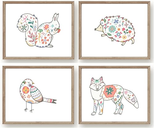 Woodland Animal Girl Nursery - Impresión artística para pared (4 unidades) sin marco, póster de 8 x 10 pulgadas, diseño de zorro de ardilla de