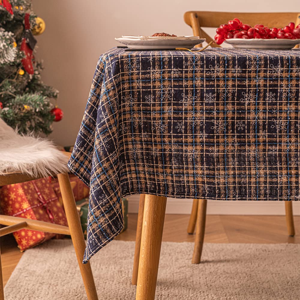 Tovaglia Natalizia a Quadri Blu con Fiocchi di Neve, tovaglia Scozzese in Tartan, Antipolvere, Antipiega, per Cucina e Sala da Pranzo (Rettangolare, 55 x 118 Pollici)