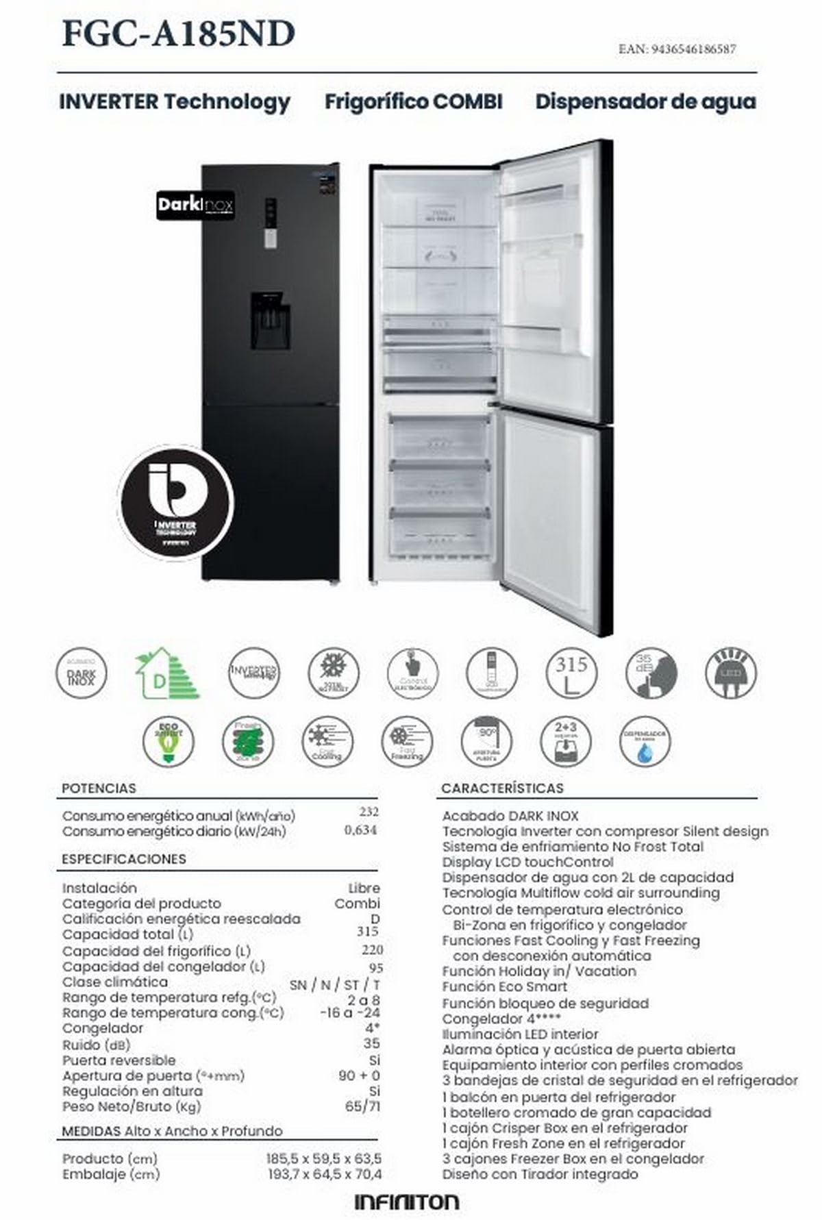 INFINITON Frigorifico Combi FGC-A185ND, 315 Litros, 185 cm de Altura, Ancho de 60 cm, Inverter, Dispensador de Agua con 2L de Capacidad, D, Dark Inox