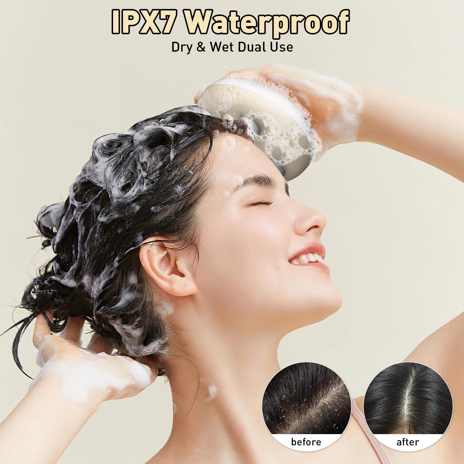 Kopfhautmassagegerät Elektrisch IPX7 Wasserdicht - 5 Massagemodi, Kopfmassagegerät mit 4 Rotierenden Massageköpfen, Silikonaufsätzen für Entspannung und Kopfhautpflege