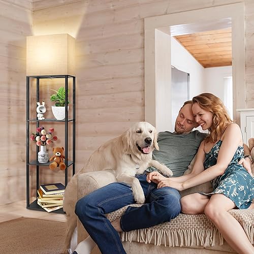 Miniatura 8 de RUNTOP Plus - Lámpara de pie con estantes, lámpara de estante con bombilla LED de 15 W, 3 colores, función de memoria, estante de exhibición ancho