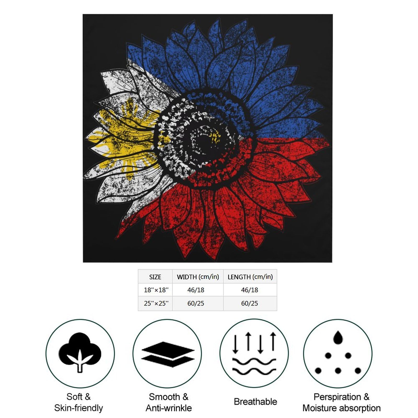Vintage Sunflower Philippines Philippinese Flag Theme Bandanas Face Mask Square Scarf Headwear,Patriotic Pattern Large Bandanna Handkerchief Hanky 18