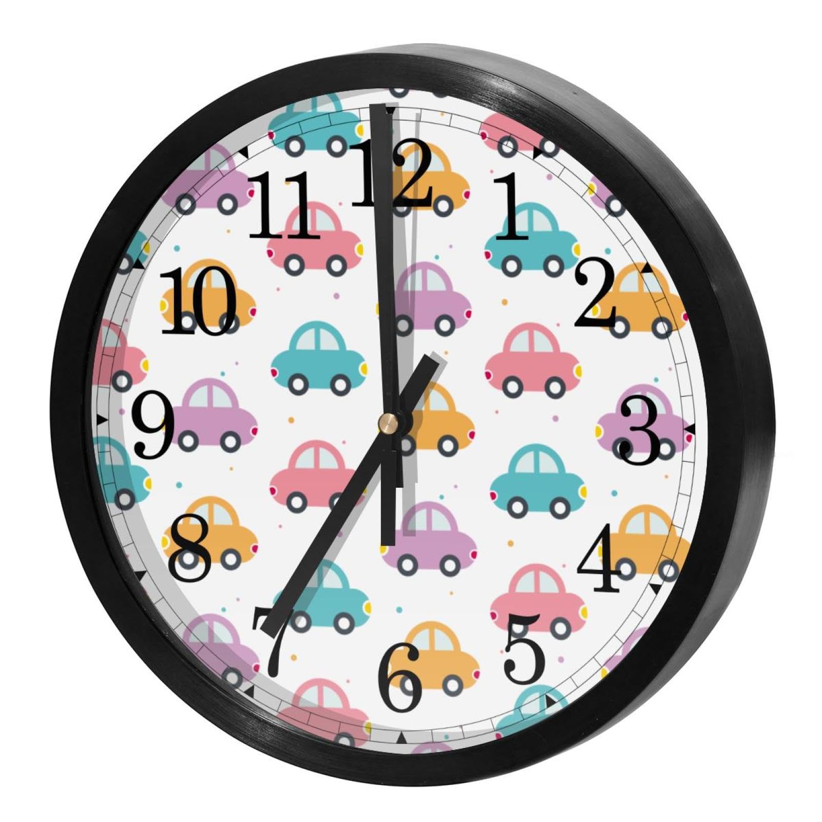 Horloge murale ronde pour cuisine et bureau au motif de voitures mignonnes colorées
