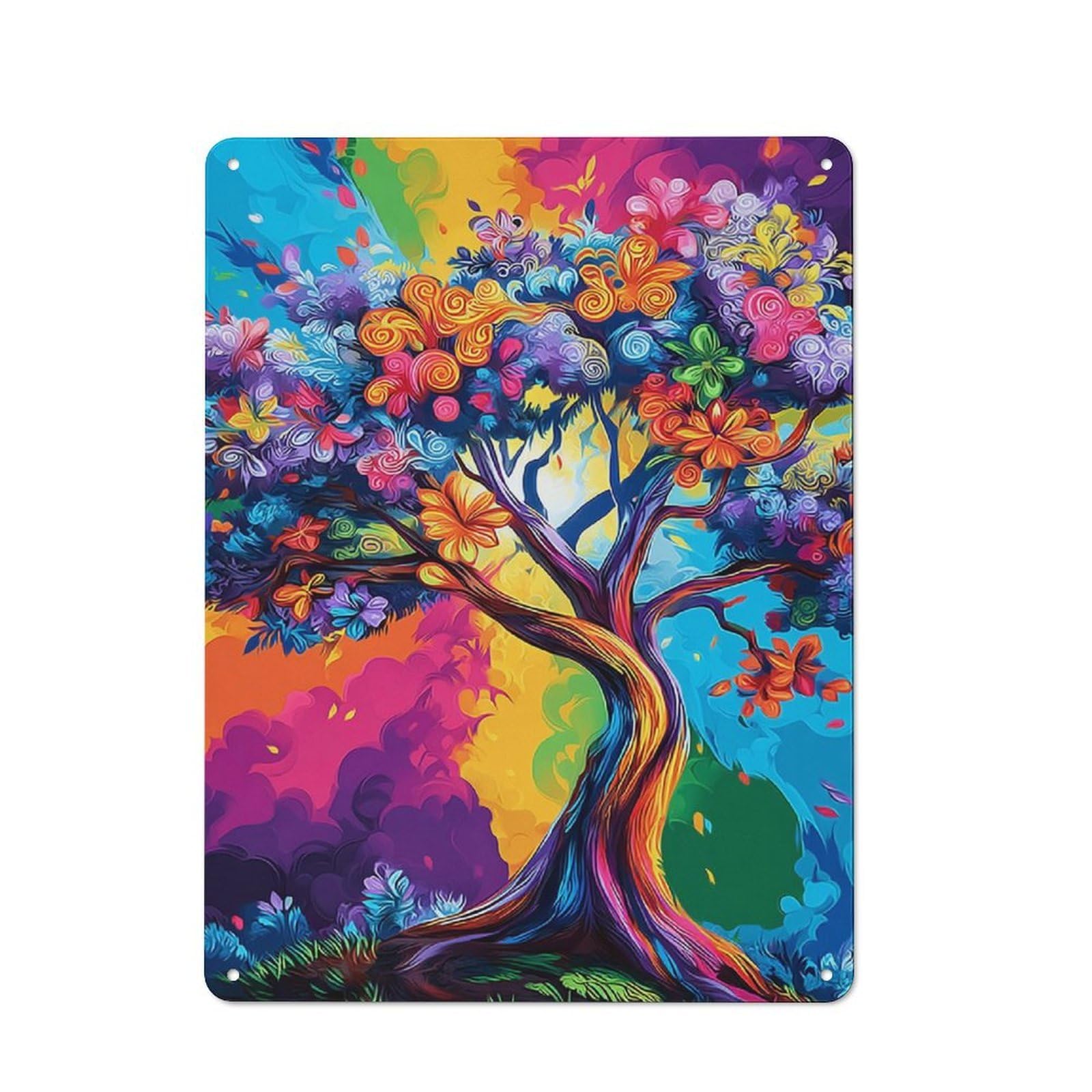 Junmoney Colorful Fantasy Tree Artwork Rustic Tin Wall Plaque 40X30cm For Kitchen Or Home Bar, A Winter Wall Decor Update For Kitchen Decor Lovers