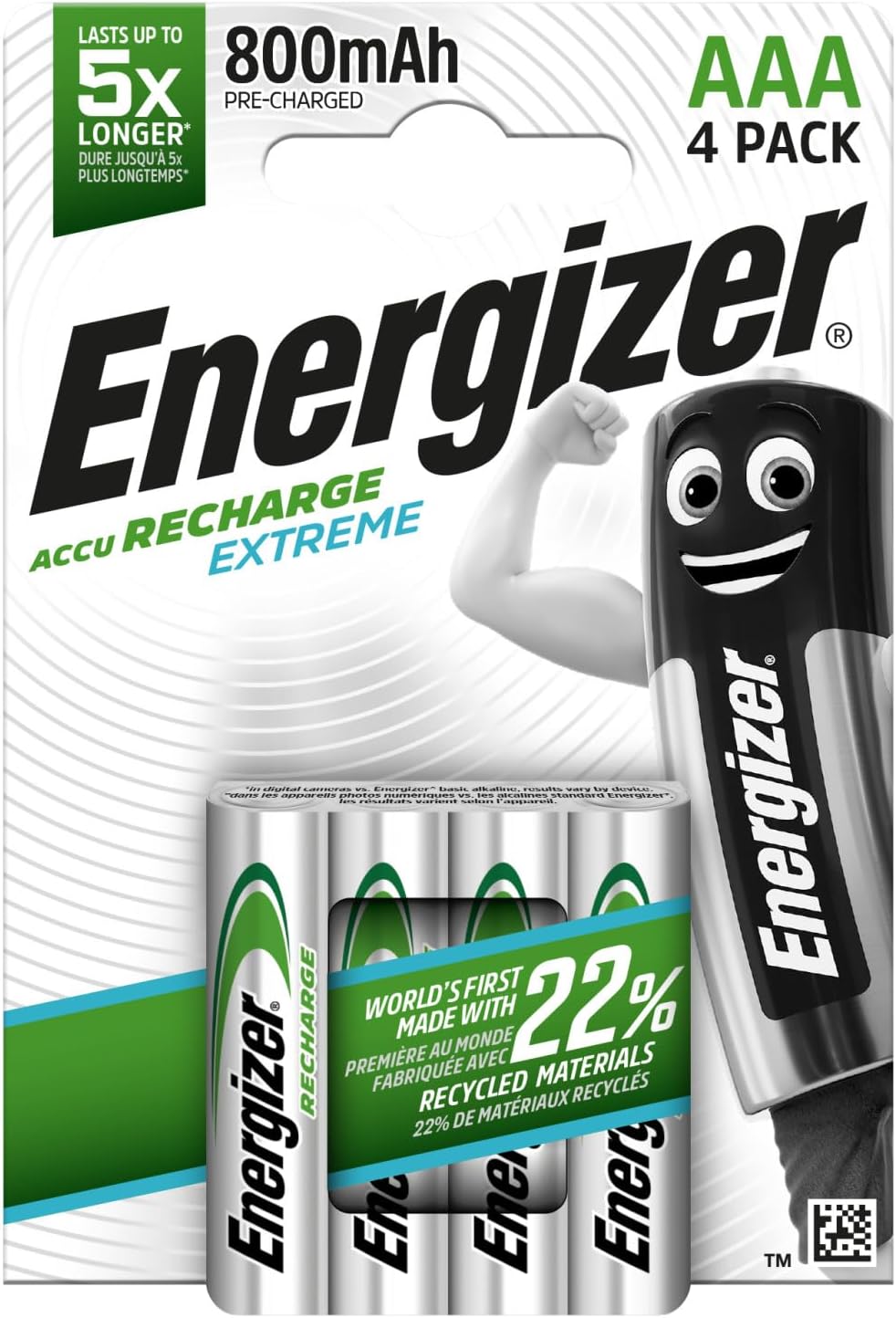 Energizer Recharge Extreme - Rechargeable AAA Batteries (4 Pack) - 800 mAh NiMH Triple A Battery - 100% Recyclable Plastic Free Packaging