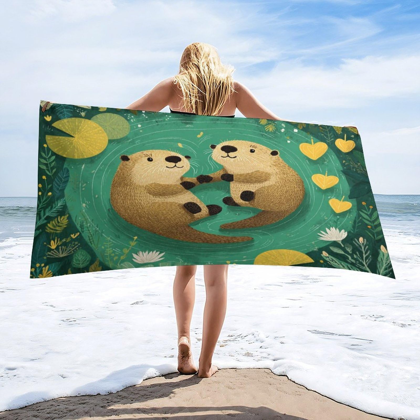 Luyysky Cute Cartoon Otter Couple Quick-Drying Beach Towel, Colorful Oil Painting Animal Otter Plant Lotus Leaves Flowers Travel Vacation Single Sided Pile Bathroom Towels-80 W Cm X 160" L Cm