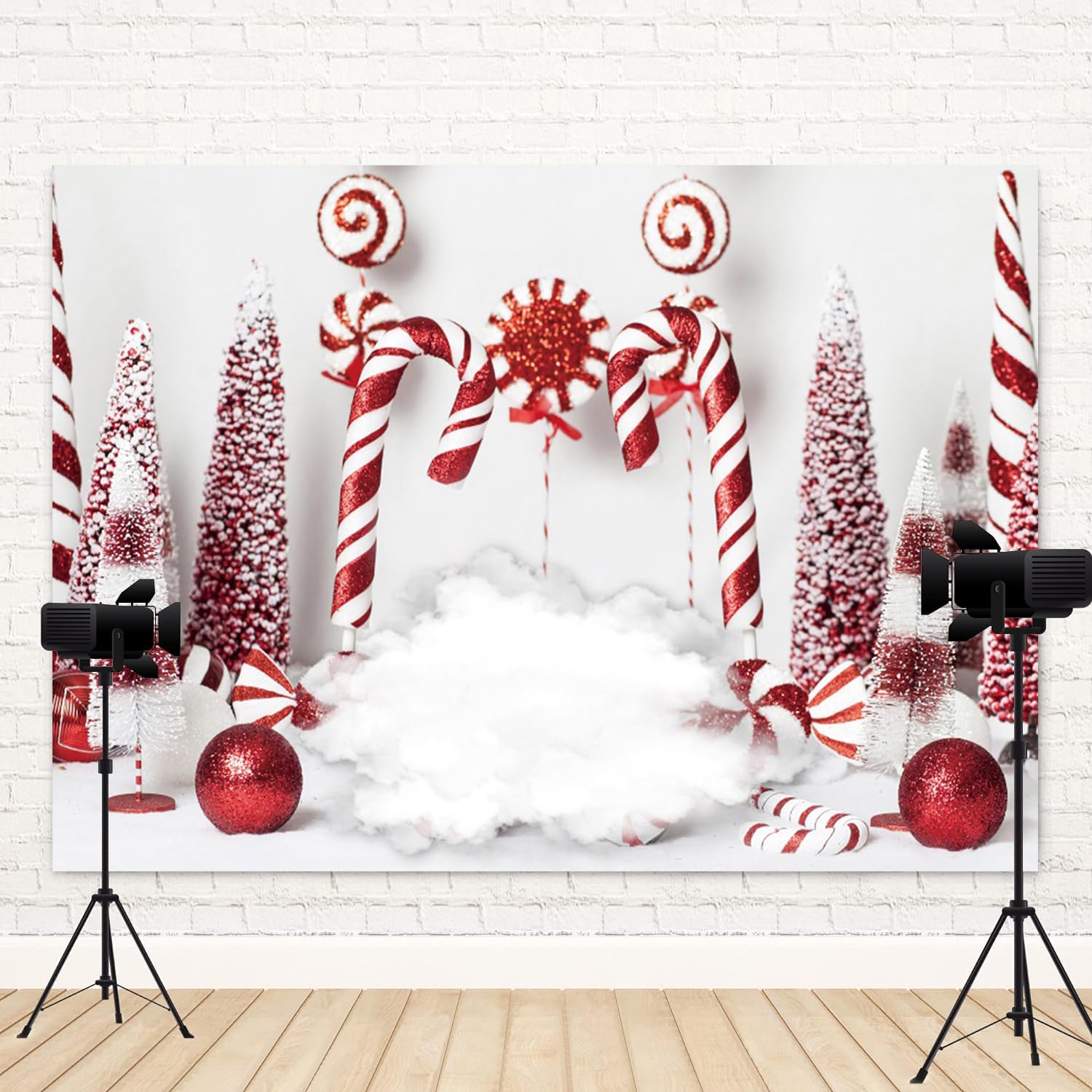 3,7 x 2,4 m sfondo natalizio rosso bianco bastoncini di zucchero sfondo fotografia palle di Natale albero di pino nuvola inverno felice anno nuovo festa banner decorazioni bambini compleanno