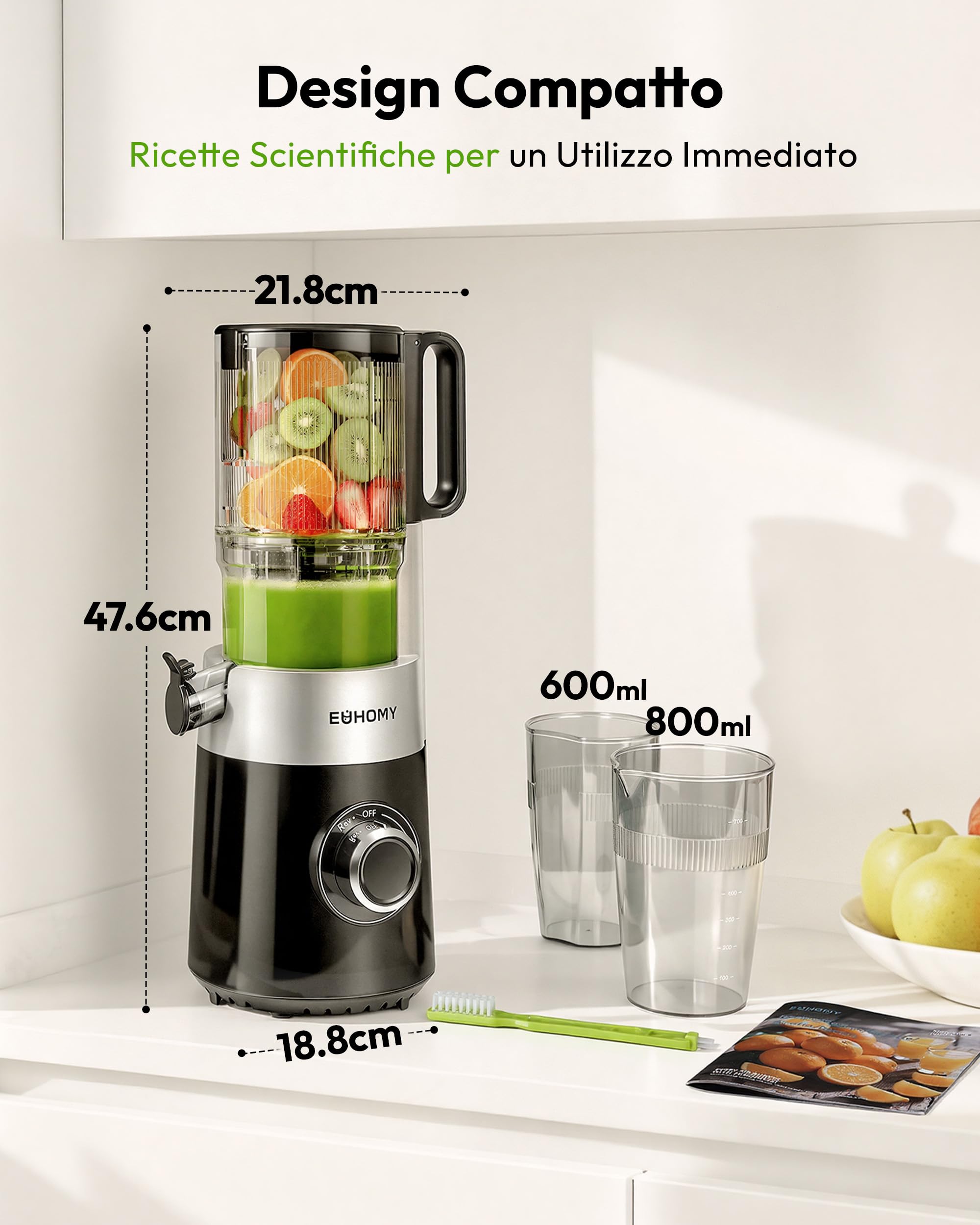 EUHOMY Estrattore Frutta e Verdura, Apertura 135MM e Capacità 1,8L Centrifuga Frutta e Verdura, 220W Estrattore di Succo con 2 Bicchieri, 99% Nutrienti Preservati, Facile da Smontare e Pulire