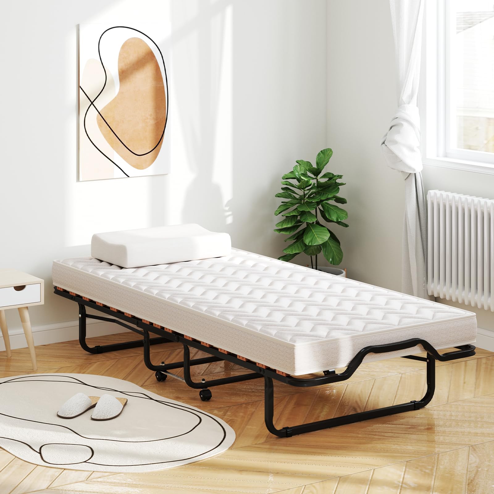 COSTWAY Cama Plegable con Colchón en Memory Foam 80 X 200 cm, Cama Supletoria Plegable con Ruedas para Casa, Acolchado Ondulado con Doble Relleno de Fibra, Ahorra Espacio, (Beige 2)