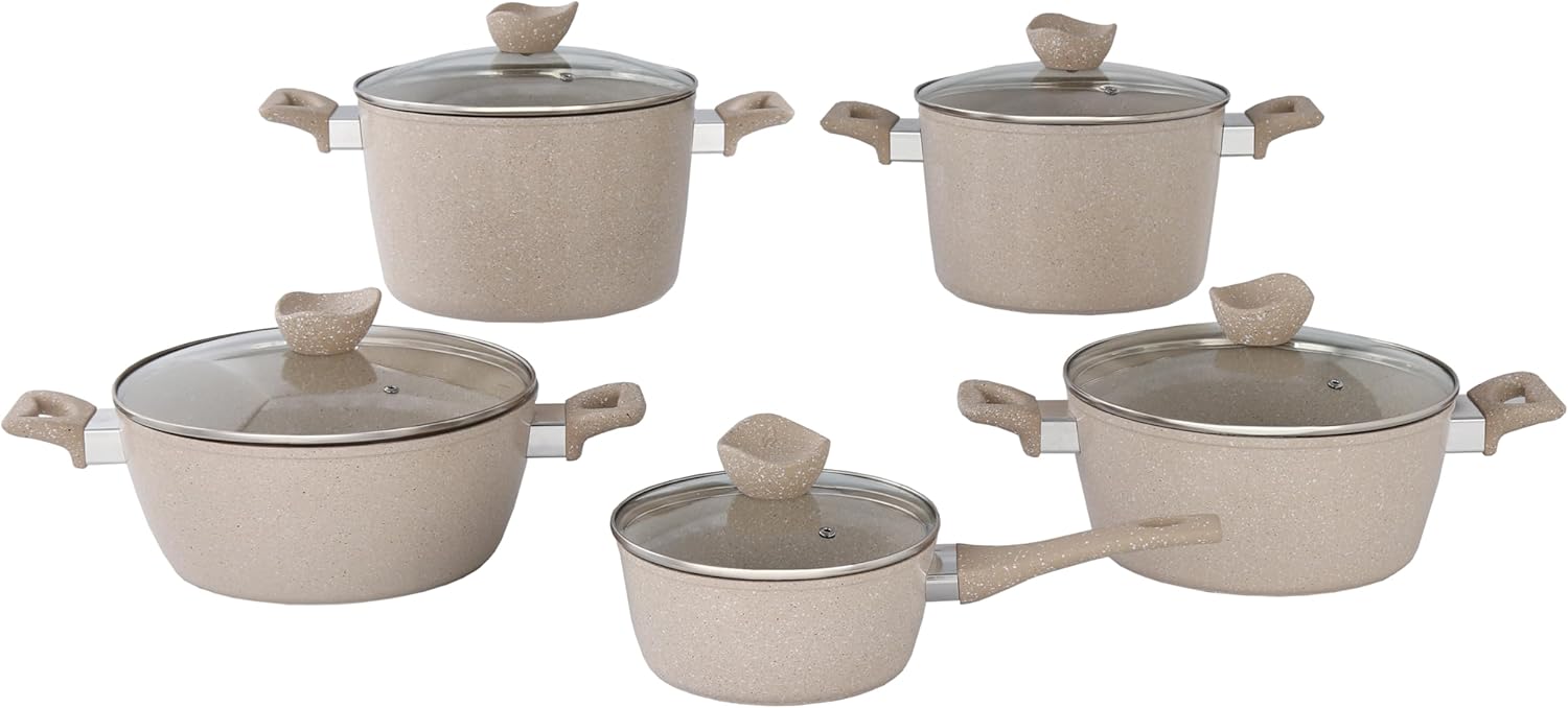Lorren Home Trends Premium Cookware Set, Beige Speckled, 10 Piece with Glass Lids, Stock Pots, Sauce Pot, Casserole Pots