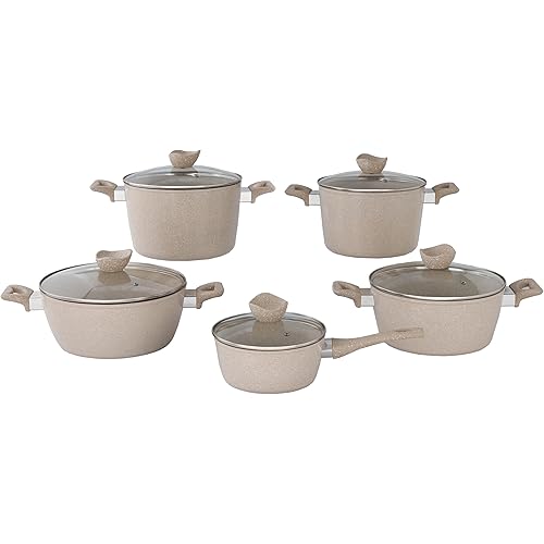 Lorren Home Trends Premium Cookware Set, Beige Speckled, 10 Piece with Glass Lids, Stock Pots, Sauce Pot, Casserole Pots