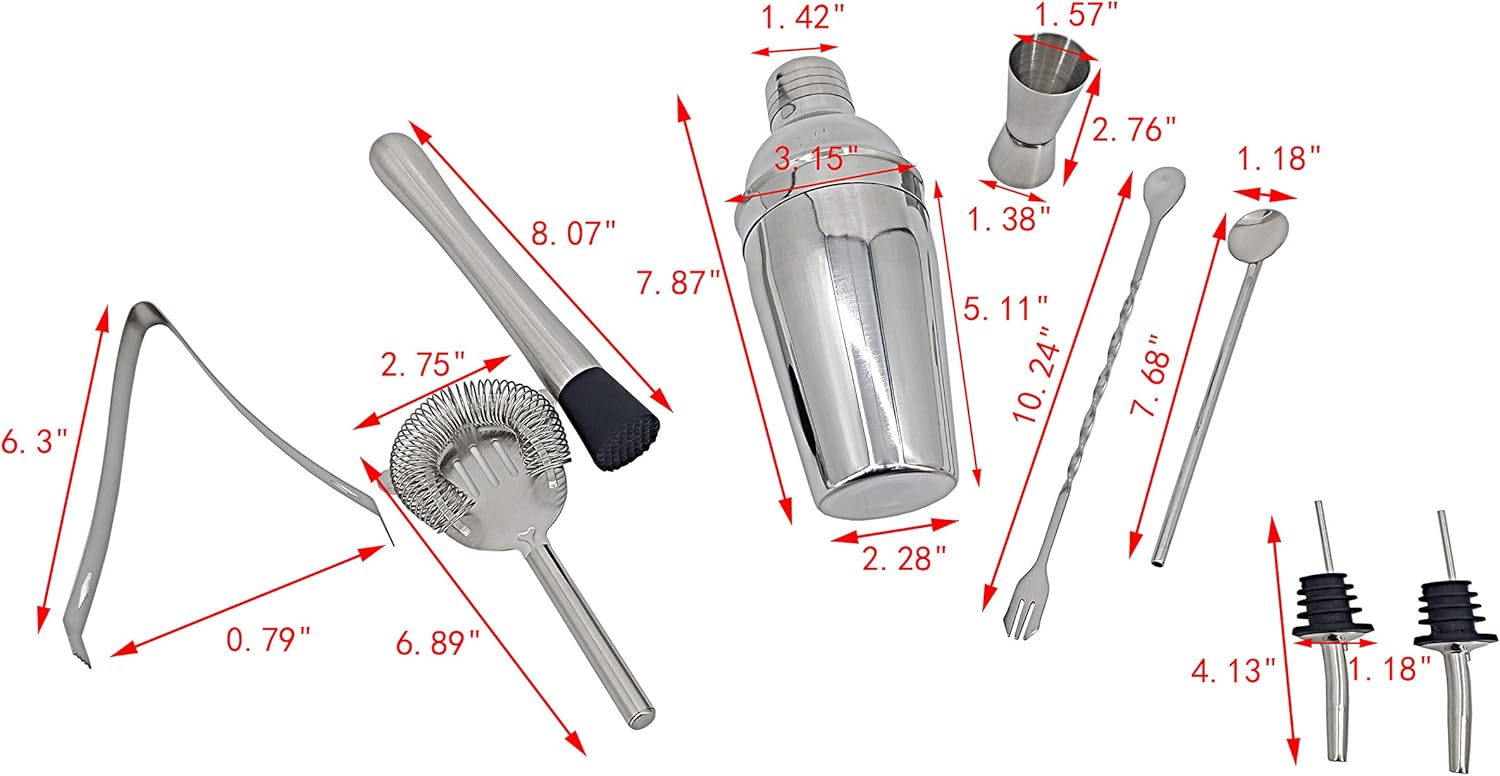 FixtureDisplays® Stainless Steel Bartender Set, Cocktail Bartender Set, with Martini Set, Double Measuring Cup, Mixing Spoon, Wine Bottle, Mud Stick, Strainer and Ice Tongs Drink Making Tool 15354