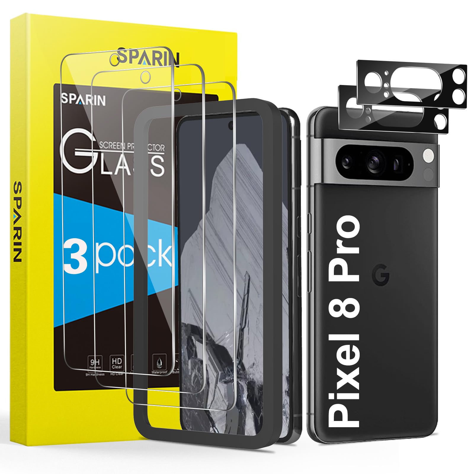 SPARIN für Google Pixel 8 Pro Panzer Schutz Glas, 3 Displayschutzfolie und 2 Kamera Schutzfolie, 9H Härte, Kompatibel mit Temperatursensoren