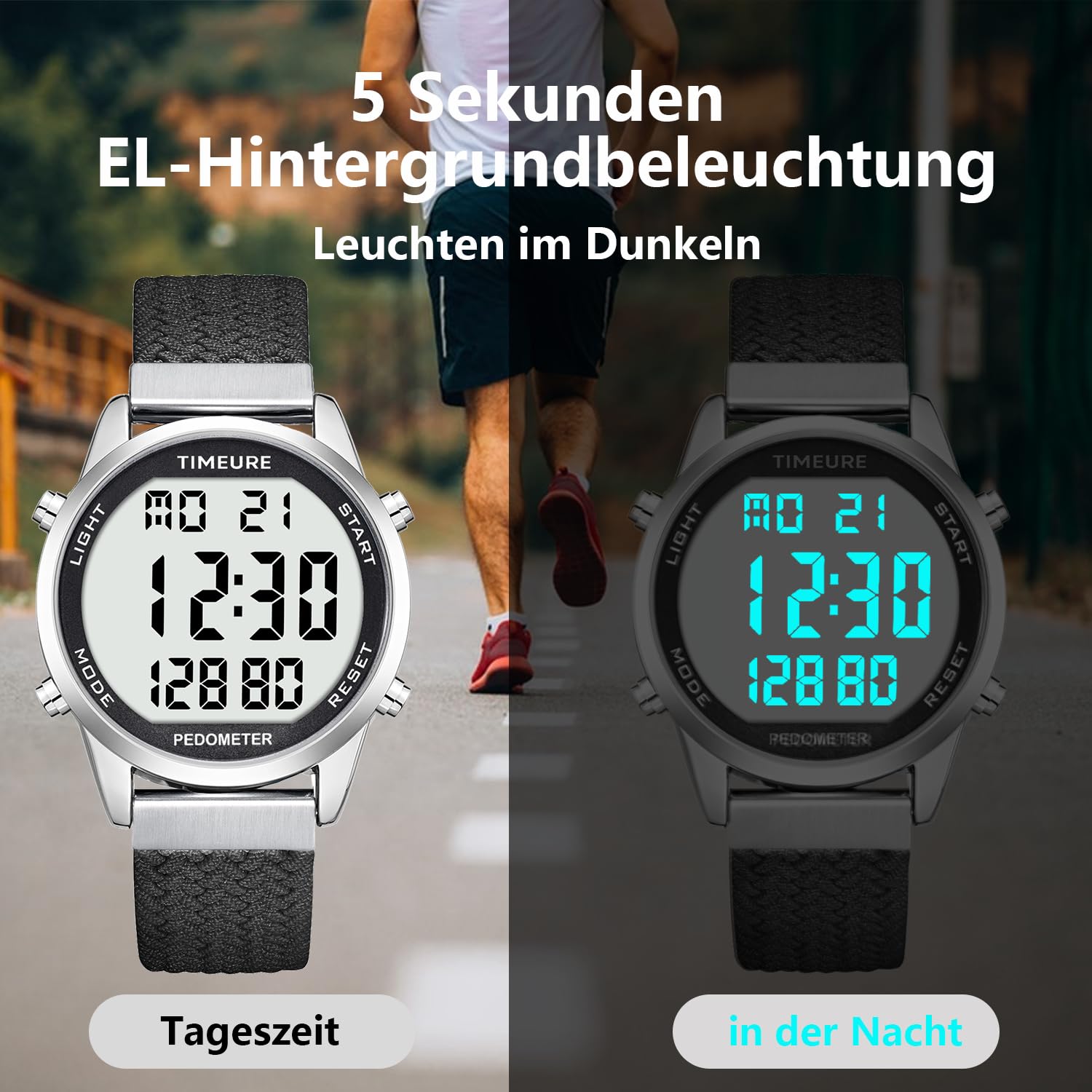 TIMEURE Schrittzähler Uhr für Männer | Modisches Design | Wasserdichter Armbanduhr mit Großer Digitalanzeige | Einfacher & Genauer Schrittzähler Funktion
