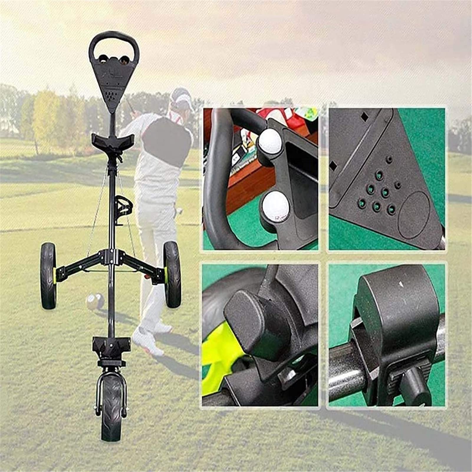 Carrito de Golf Carrito de Golf Plegable Ligero de 3 Ruedas con Mango de Empuje Ajustable y Tarjeta de puntuación, Carrito de Golf Plegable de 3 Ruedas, un Segundo para Abrir y CER