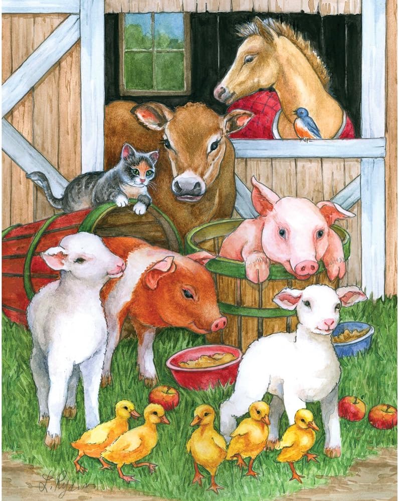 Bits and Pieces – Large 200 Piece Jigsaw Puzzle for Adults – Barnyard Buddies - Farm Animals Sheep Pigs Horses Jigsaw Puzzle by Lorraine Ryan, Completed Puzzle Size: 15" x 19"