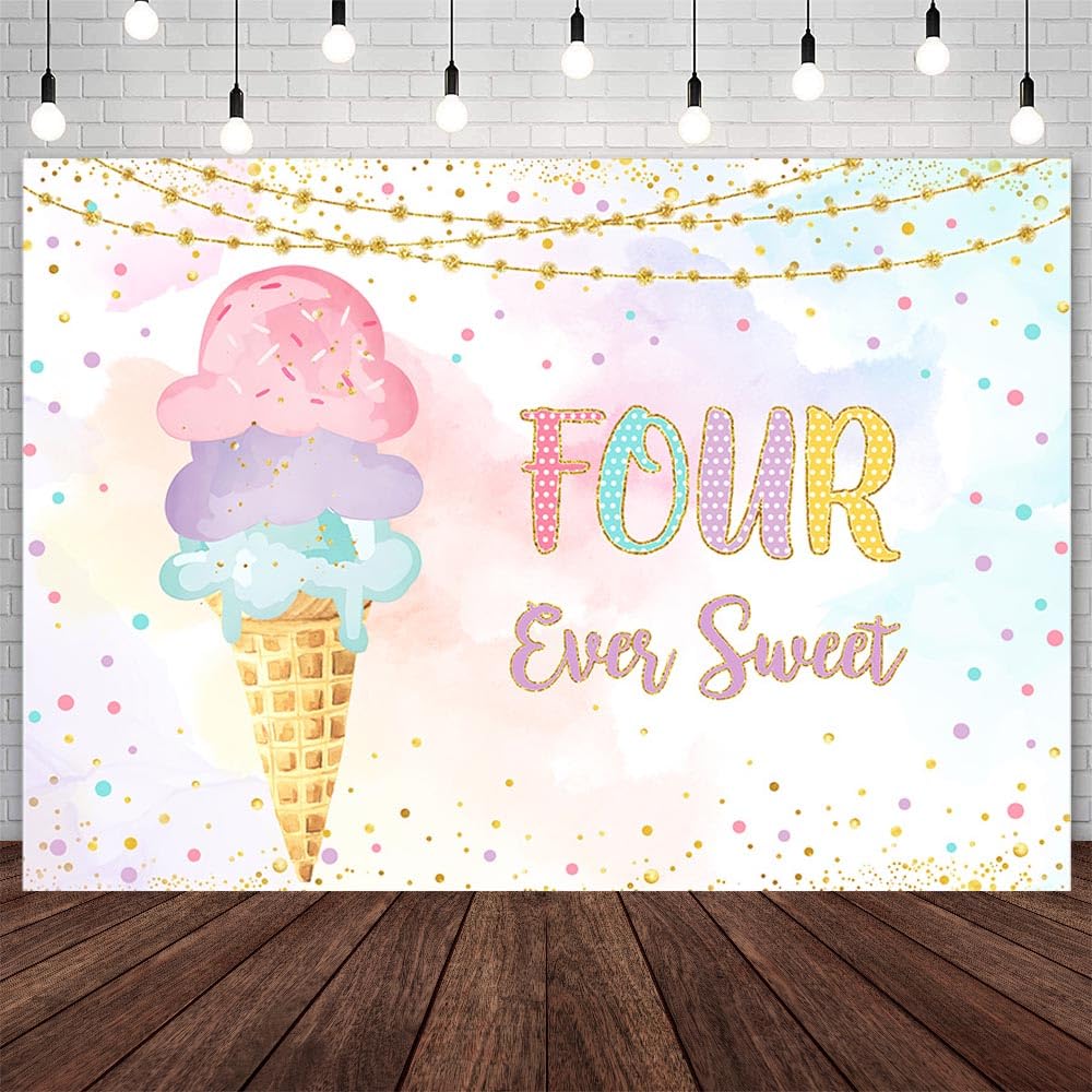 AIBIIN 7x5ft Ice Cream 4th Birthday Backdrop for Princess Girl Four Ever Sweet Photography Background Watercolour Summer 4th Birthday Party