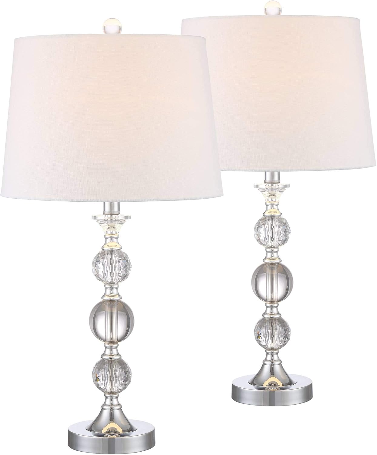 360 Lighting Solange Luxury 3-Way Table Lamps 25" High Set of 2 with Table Top Dimmers Stacked Crystal Ball Silver White Tapered Drum Shades for Living Room Bedroom House Nightstand Home