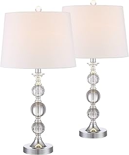 Solange Modern Table Lamps Set of 2 Stacked Crystal Ball Silver White Drum Shade for Living Room Family Bedroom Bedside - 360 Lighting