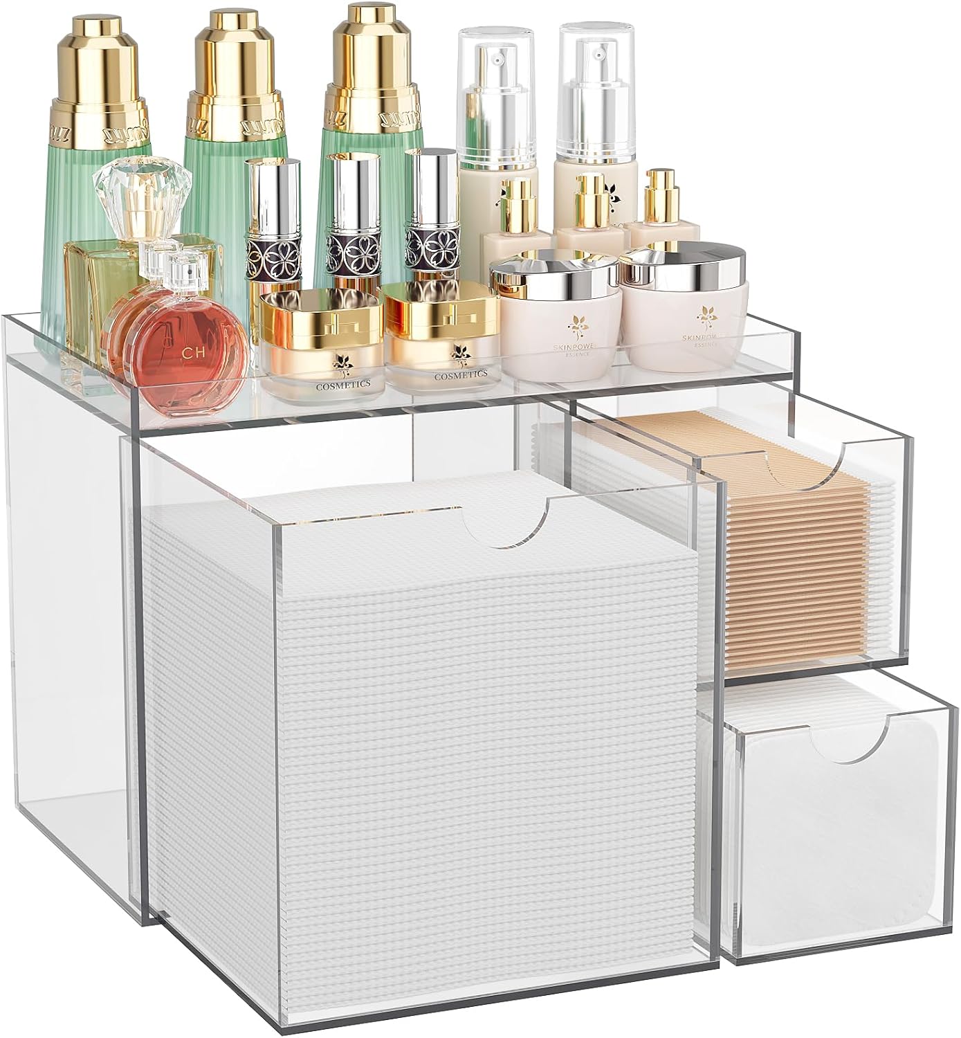 Youdepot Clear Acrylic Face Towel Holder with 3 Drawers, All-in-One Bathroom Vanity Organizer for Disposable Face Towels, Cotton Pads, Swabs and Skincare Tools