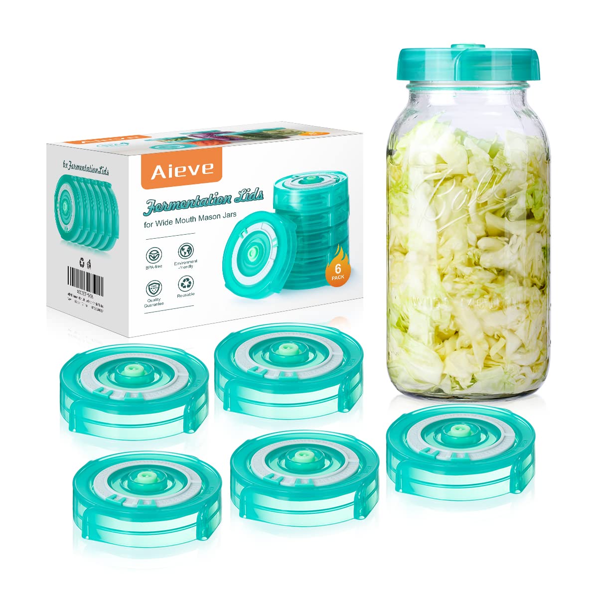 AIEVE Fermentation Lids, 6 Pack Mason Jar Fermenting Lids, Fermenter Lids Fermentation Kit for Wide Mouth Mason Jars to Make Sauerkraut, Kimchi, Pickles