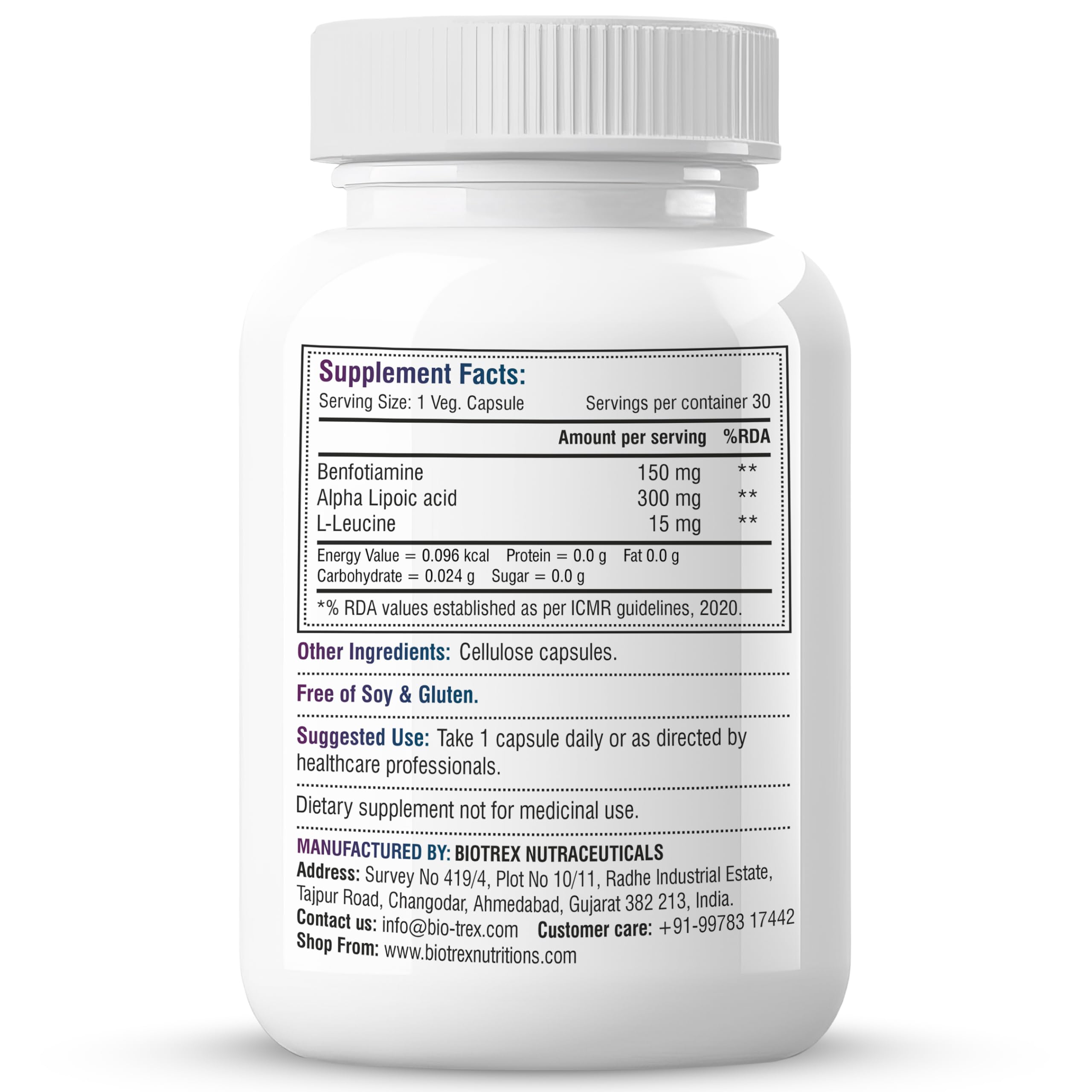 Biotrex Nutraceuticals Benfotiamine 150mg, Alpha Lipoic Acid 300mg With Leucine | Glucose Balance & Metabolic Response | Brain, Heart & Nerve Health | Most Bioavailable Vitamin B1-30 Veg Capsules — Amazon image 7