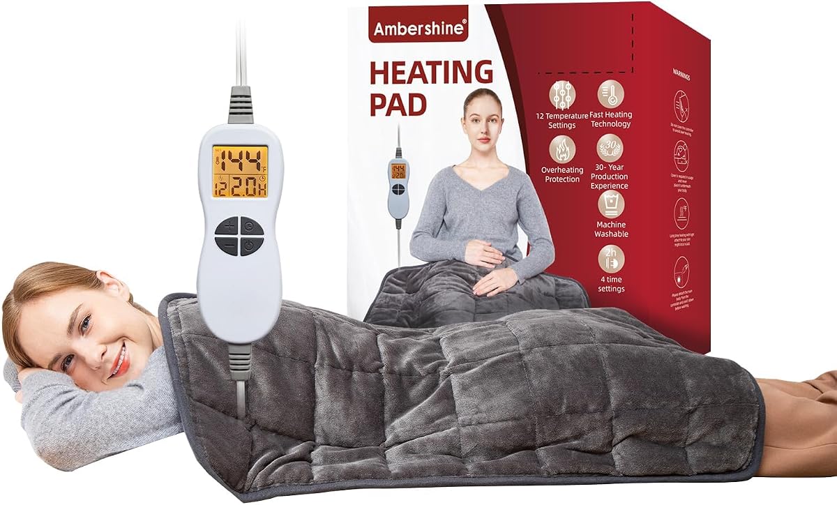 17''x33'' Weighted Heating Pad, 5.2lbs with 12 Temperature Settings & 4 Auto-Off Timers, Pain Relief for Back/Neck/Shoulders/Abdomen/Legs(Dark Grey)